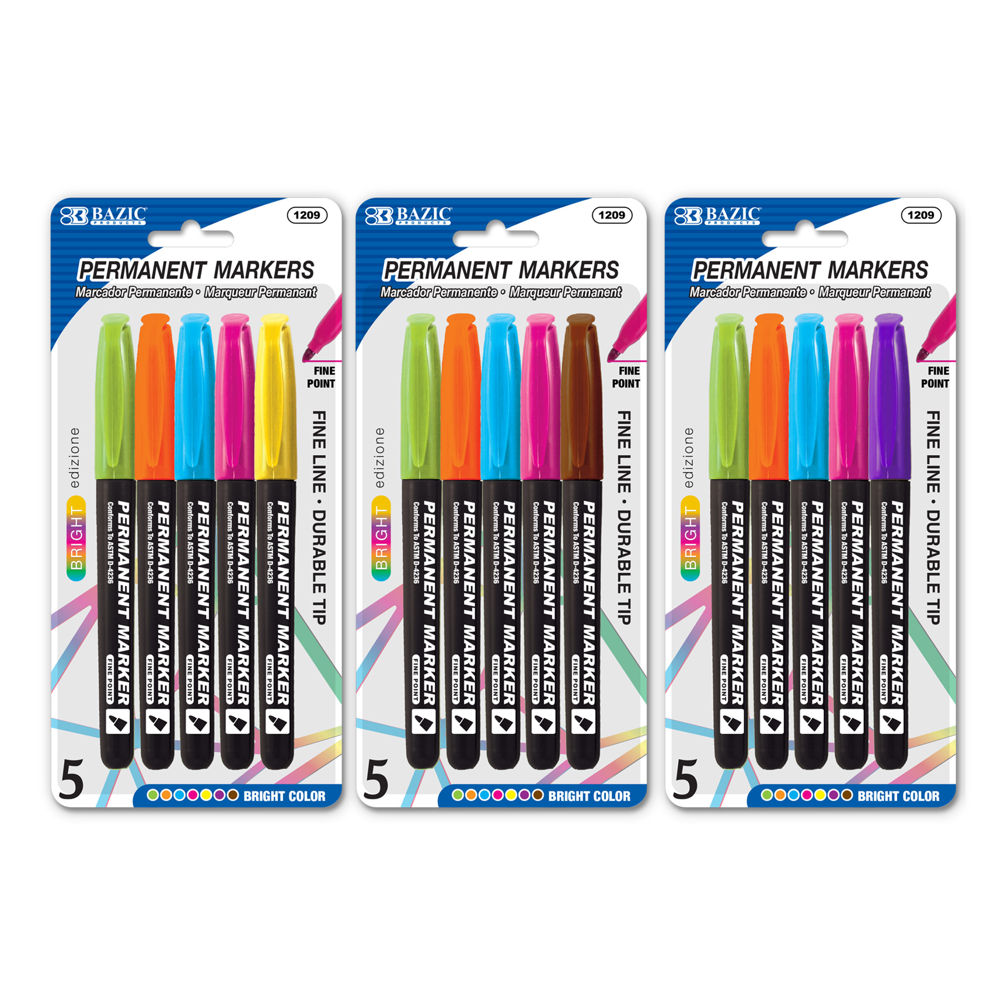 Bazic 1291 Assorted Colors Fine Tip Permanent Markers w/ Pocket Clip (8/Pack) Pack of 24