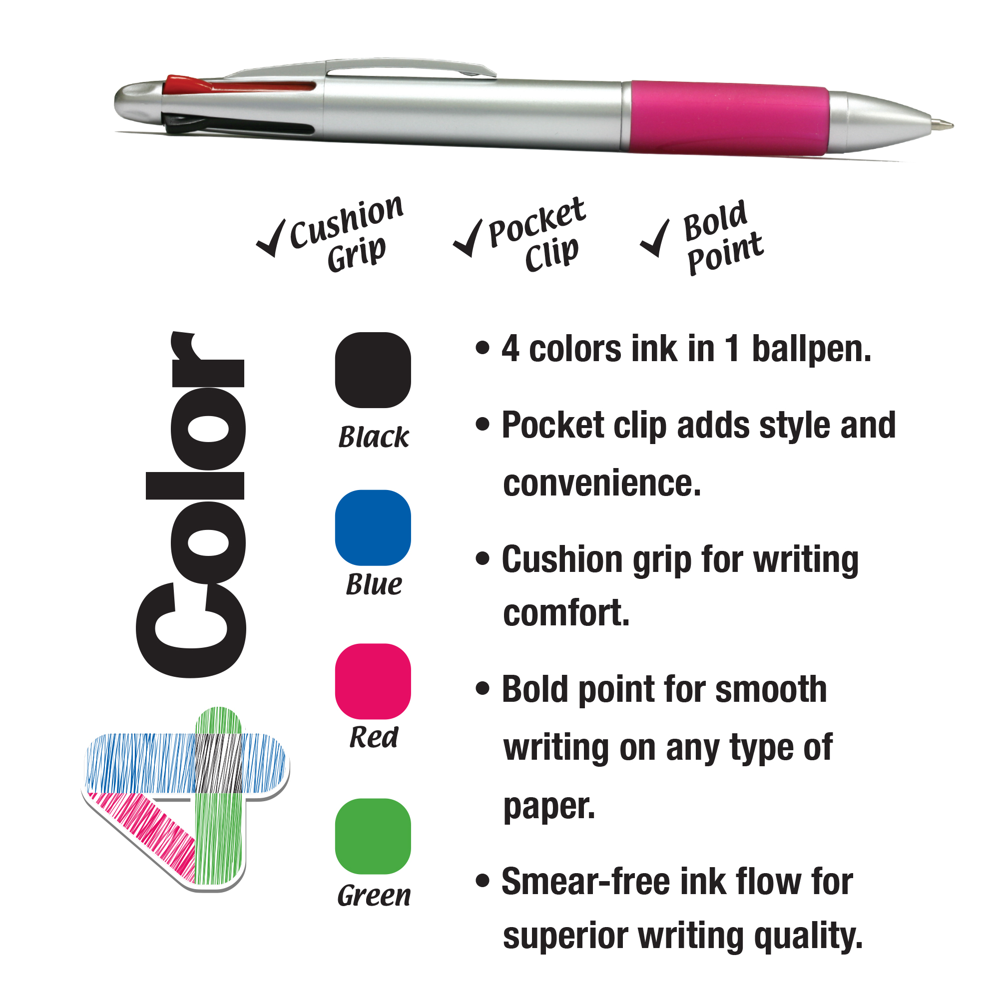 4 Color Fashion Ink Pen w/Grip (12 unit) #1716, E-51 –
