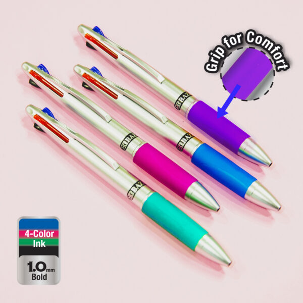 BAZIC Silver Top 4-Color Pen w/ Cushion Grip (2/Pack) Bazic Products
