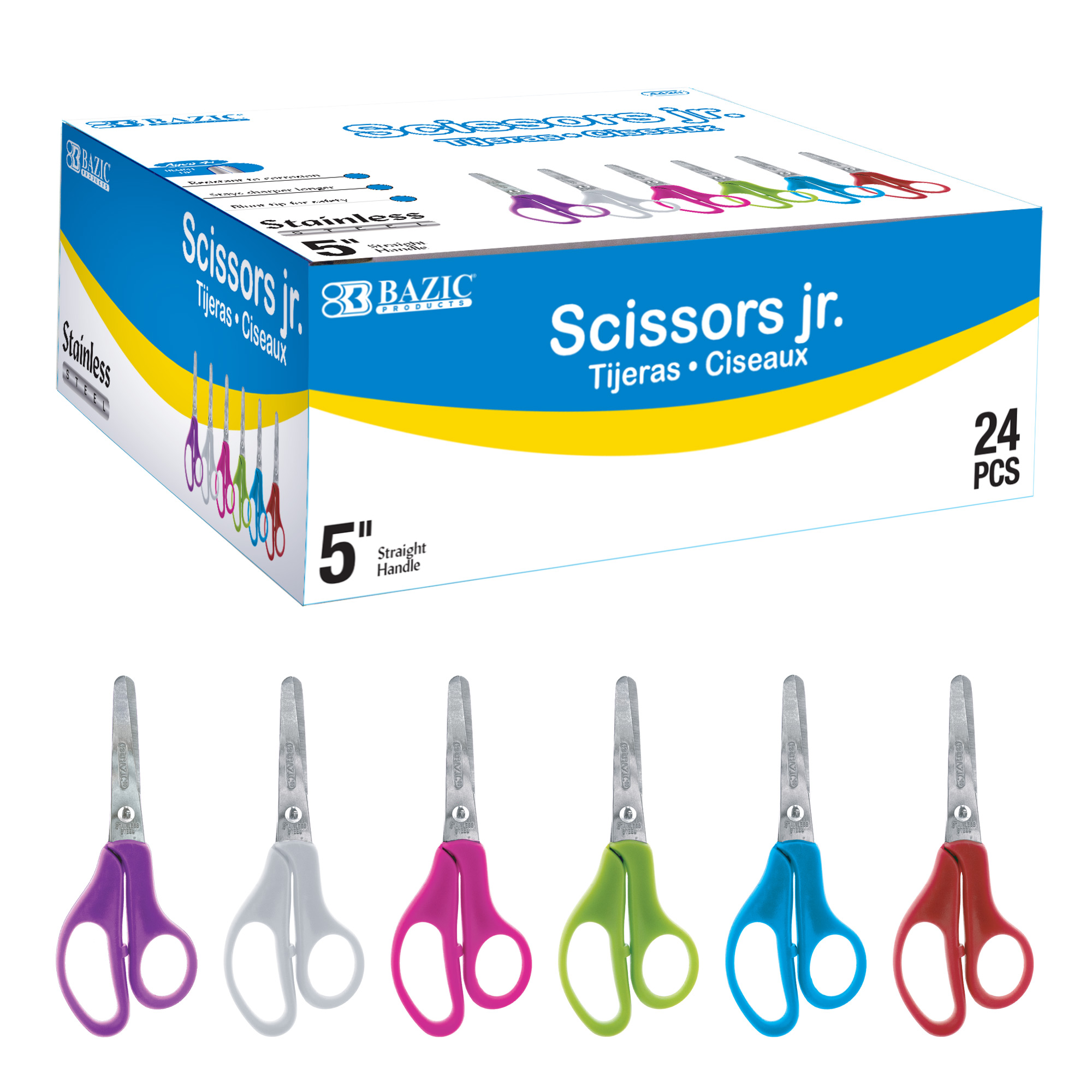 Wholesale Safety Scissors - 5, Assorted Colors, Blunt Tip