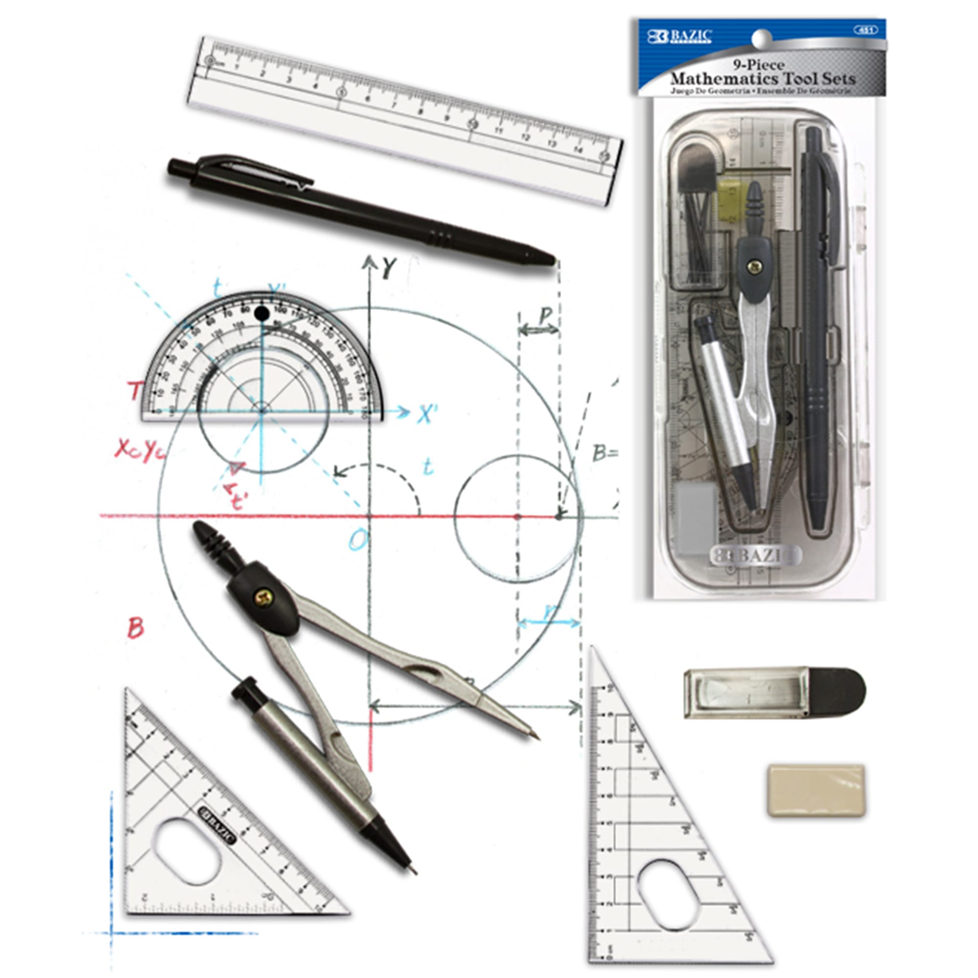 Compass Mechanical Pencil Protractor 9 Piece Math Tool Sets Rulers 