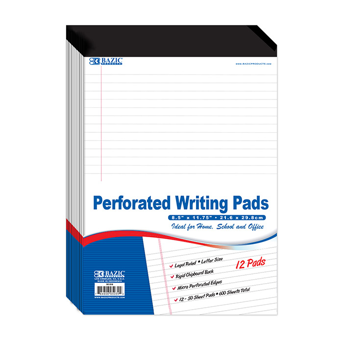 6-Pack 12/Pack 8.5 X 11.75 White Perforated Writing Pad BAZIC 50 Ct 