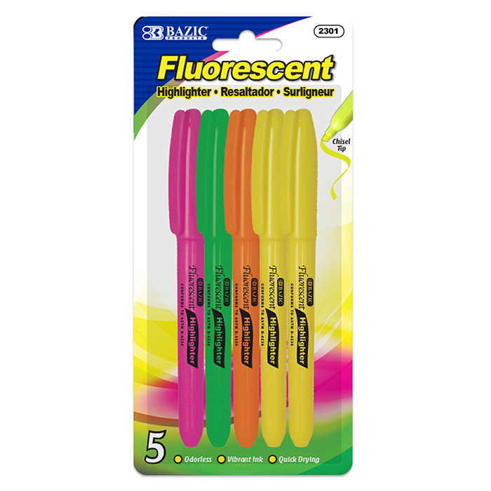 Chisel Tip Pen Style Fluorescent Highlighter Marker w/ Pocket Clip 5/Pack #2301 