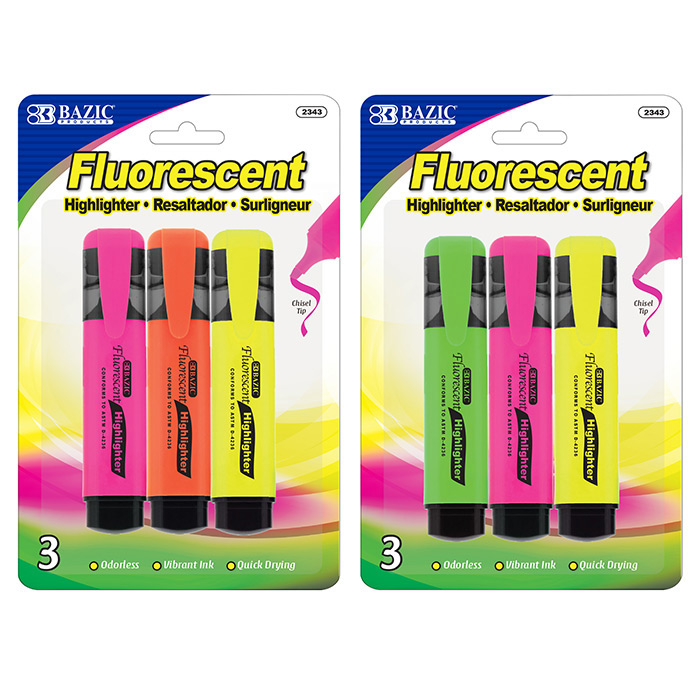 Bazic 3pc/pack Fluorescent Color Erasable Highlighter Fast ship from USA #2330 