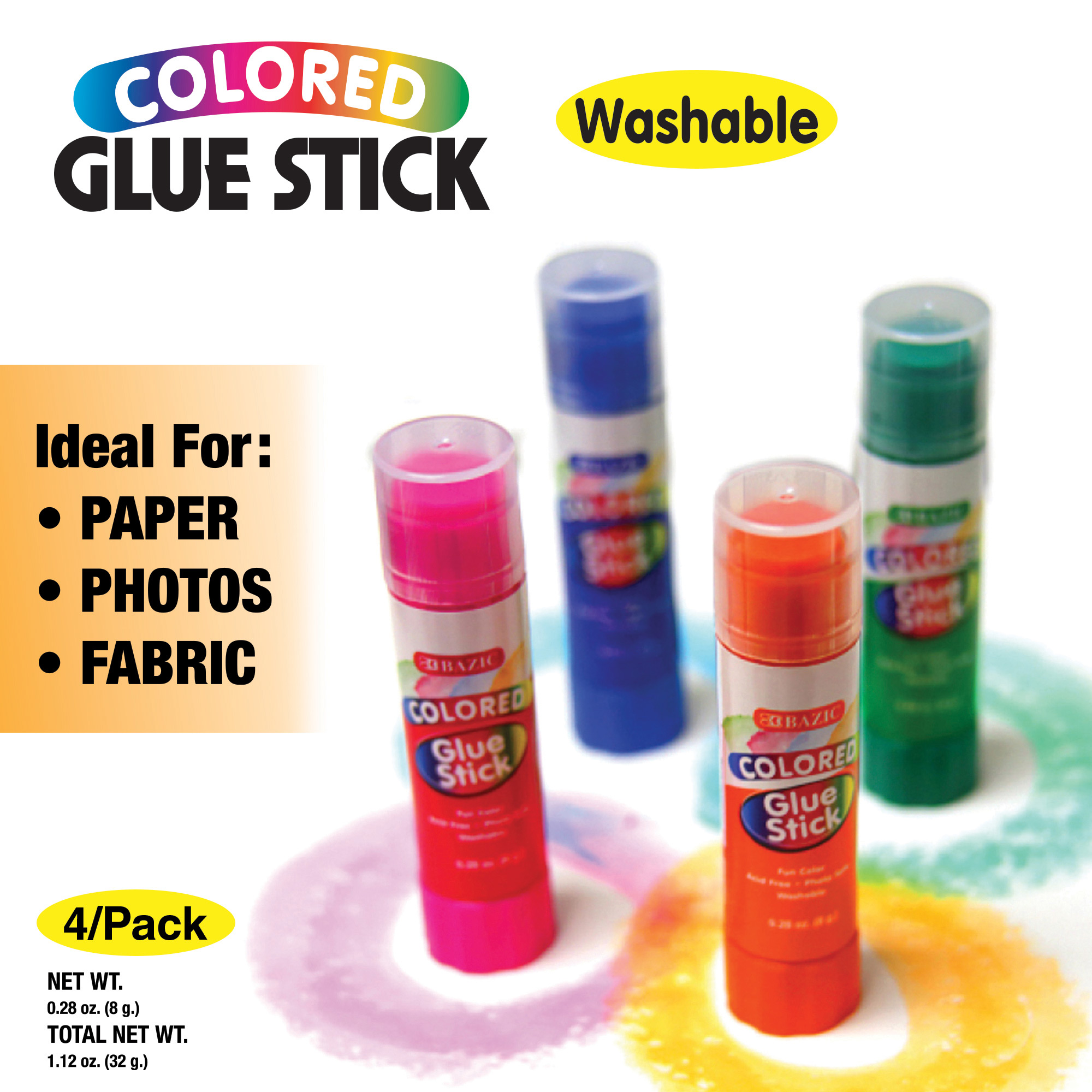 BAZIC 0.28 oz (8g) 4 Washable Colored Glue Stick Bazic Products