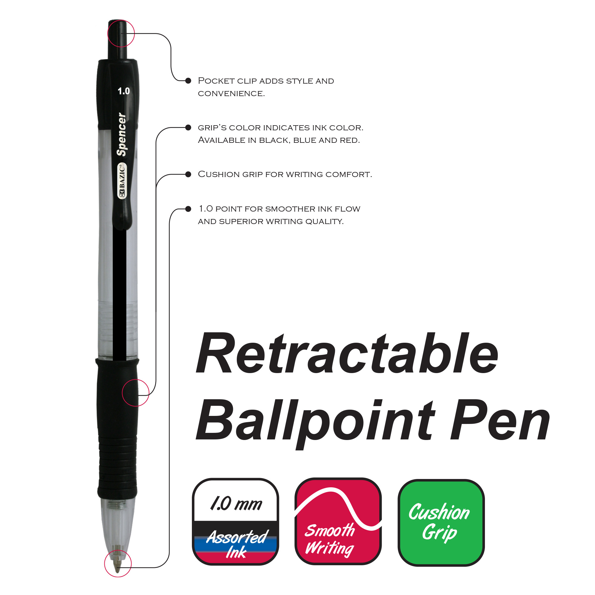 3 Per Pack BAZIC 4-Color Pen w ith Clip Top Assorted 