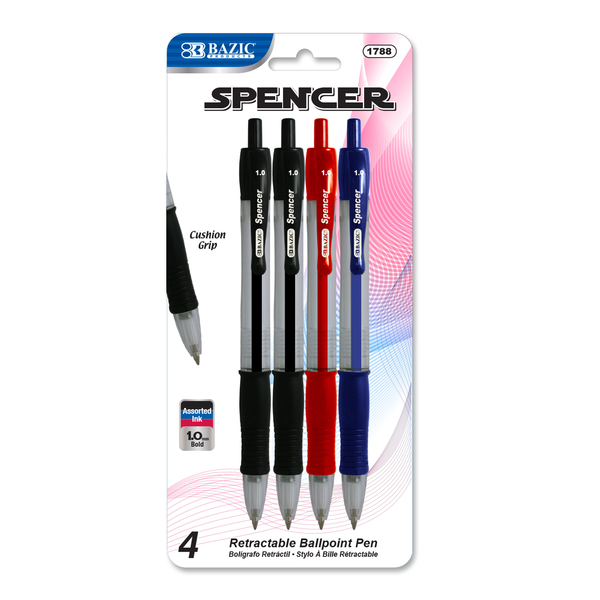 4-pack Bazic 1.0 Retractable Spencer Pen Cushion Grip Pens Black Blue Red Ink NW 