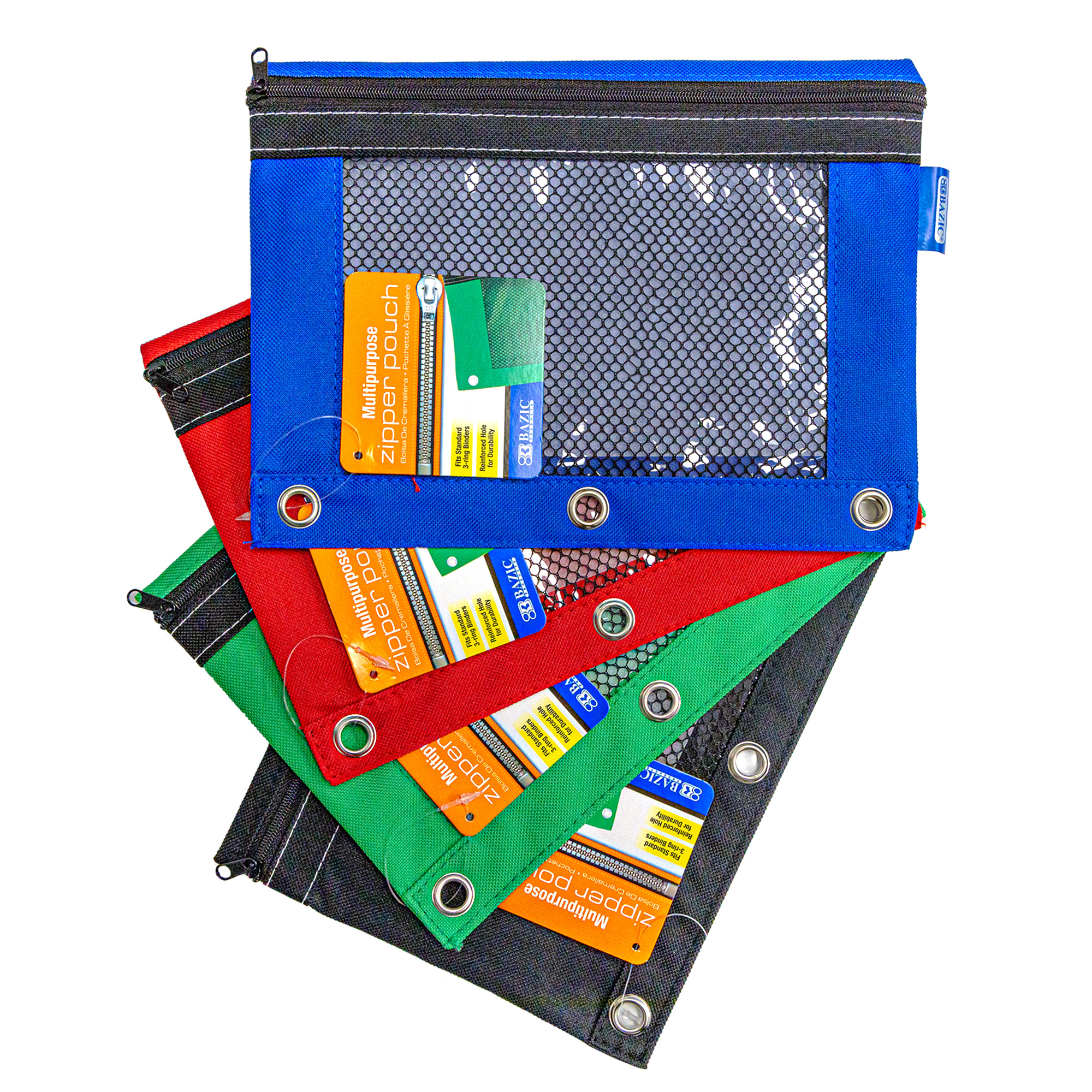 Pack of 3 Bazic Products 803-144 3 Ring Pencil Pouch With Mesh Window Assorted Colors