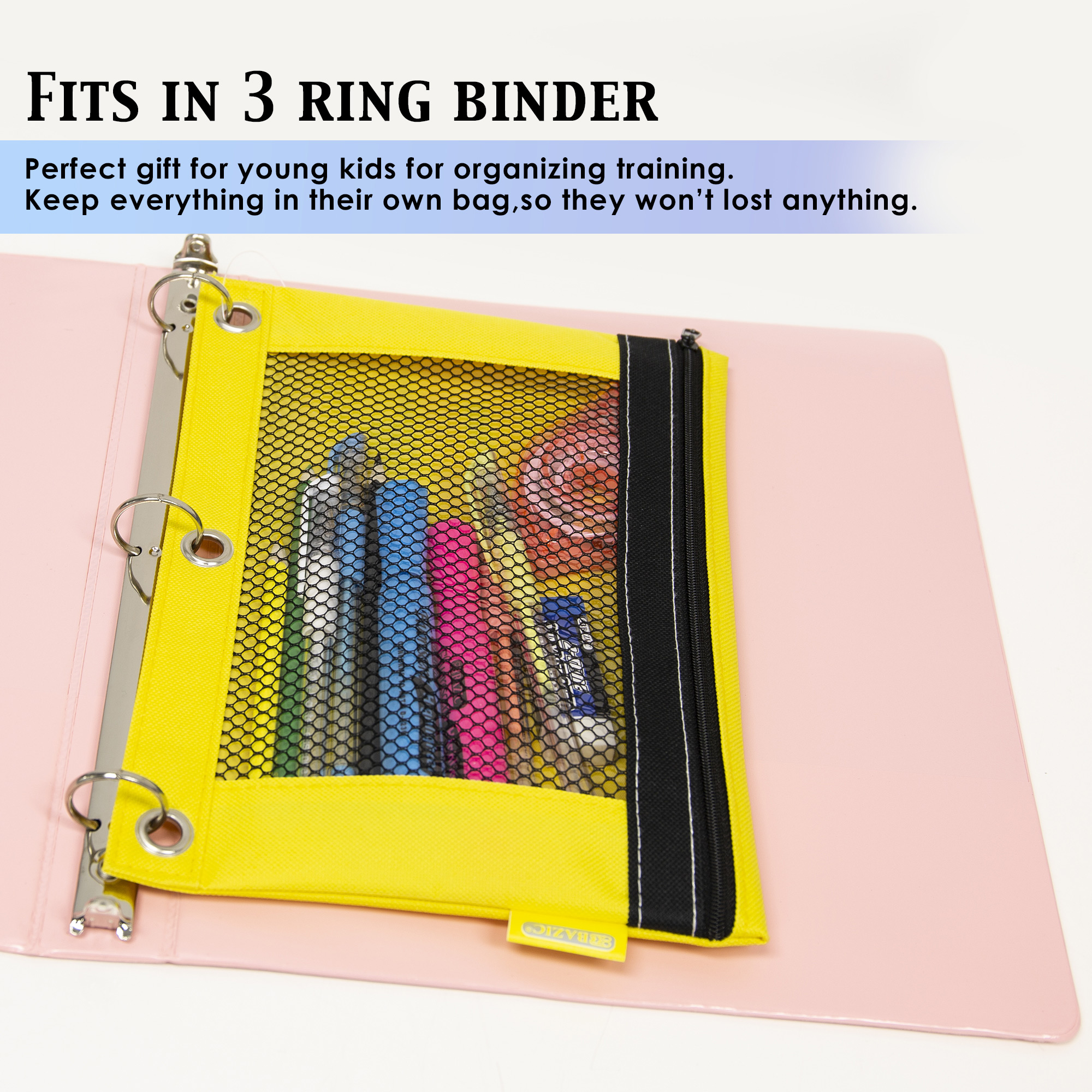 Bright 2-Pack Color Bazic 3-Ring Pencil Pouch with Mesh Window 