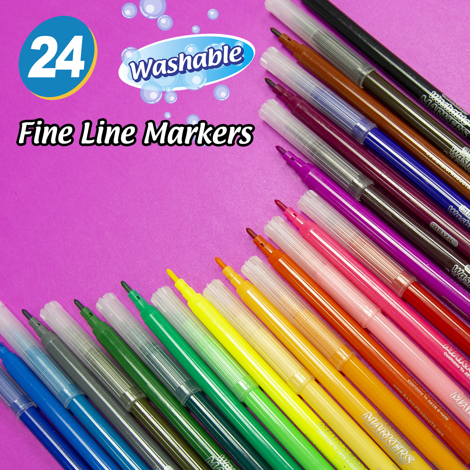 BAZIC 24 Classic Colors Fine Line Washable Markers Bazic Products