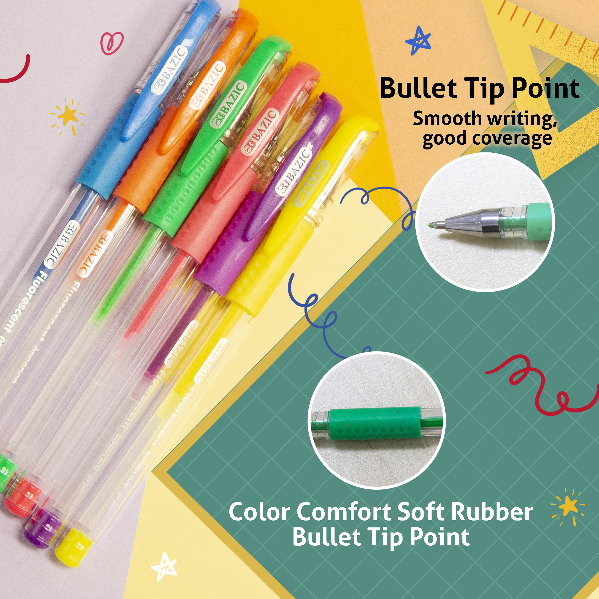BAZIC 6 Fluorescent Color Essence Gel Pen w/ Cushion Grip Bazic Products
