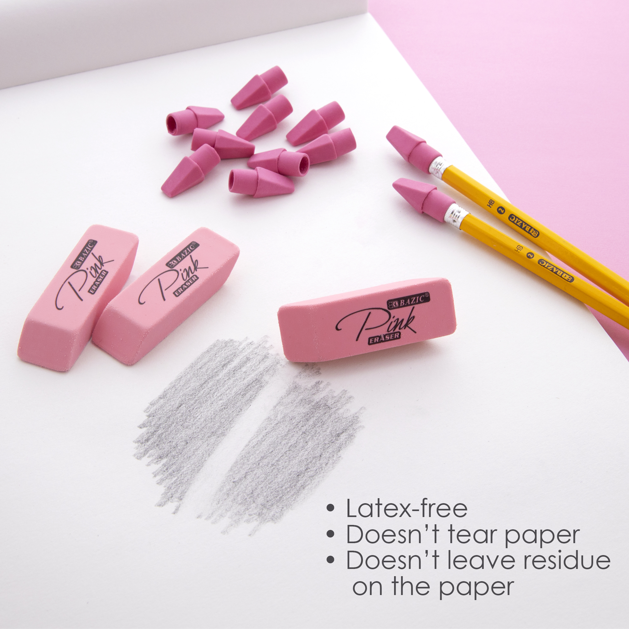BAZIC Pink Eraser Sets Large Size Bulk Erasers for Art School Office Kids Teachers Block Erasers Pencil Top Arrowhead Caps Tops Eraser 24-Pack 15/Pack 