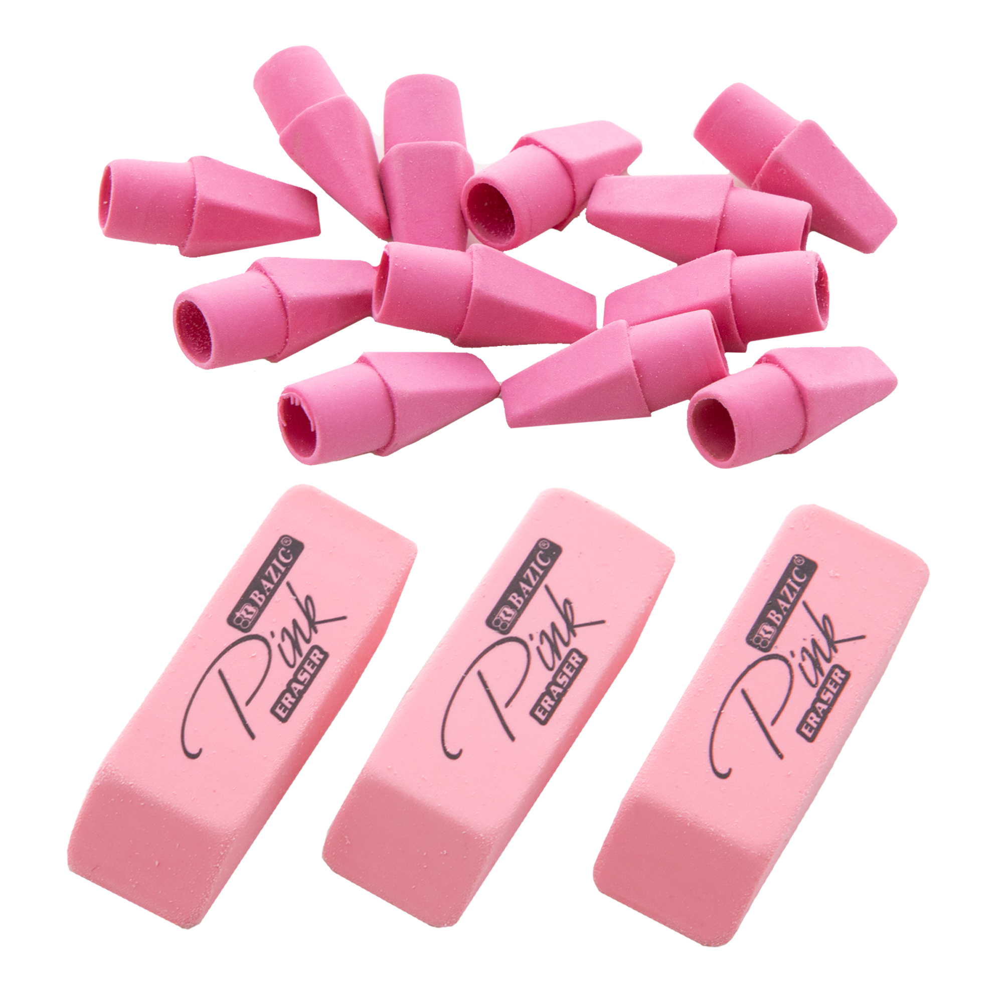 Pencil Top 24-Pack 15/Pack Arrowhead Caps Tops Eraser Large Size Bulk Erasers for Art School Office Kids Teachers BAZIC Pink Eraser Sets Block Erasers 