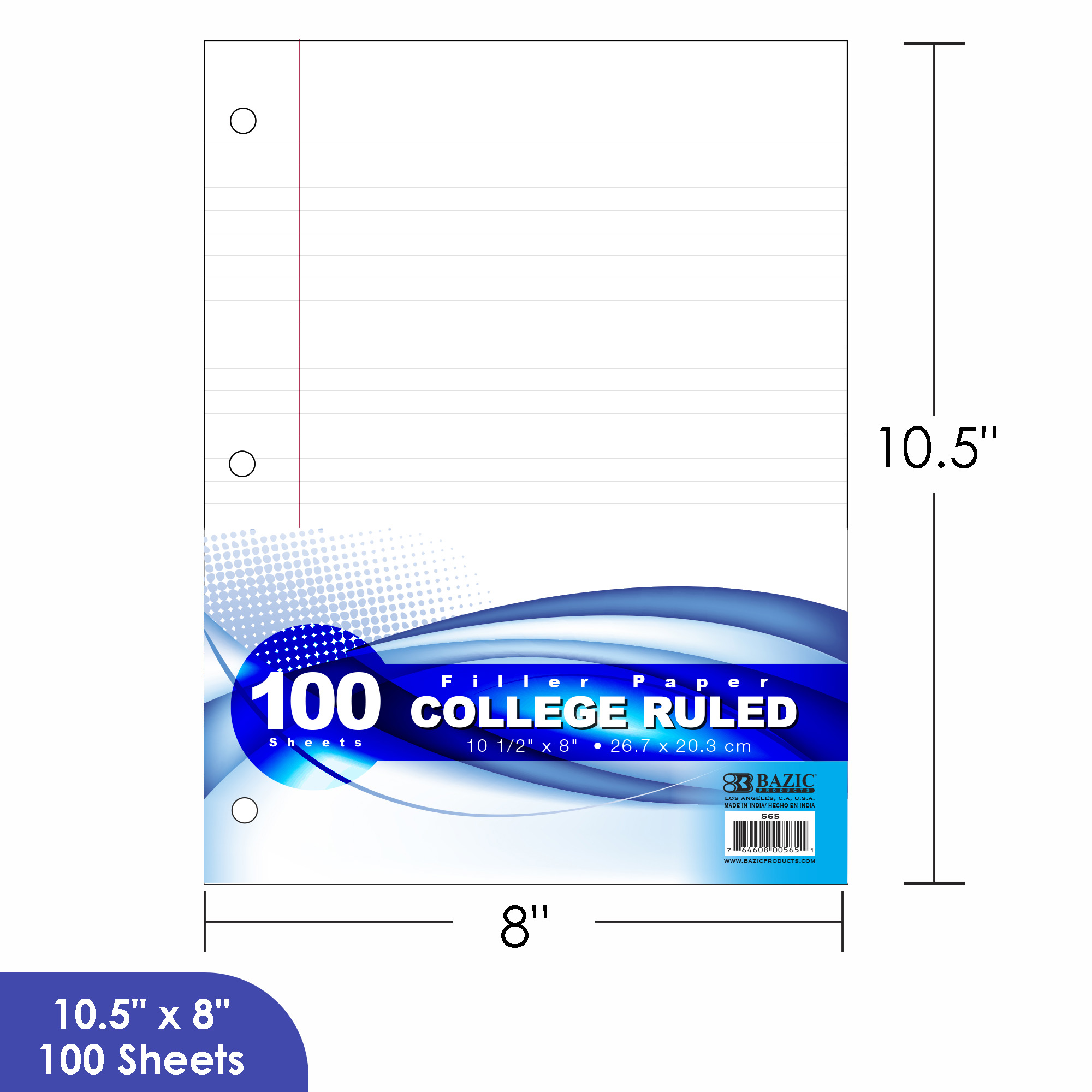 Wide Ruled 3 Hole Punched for Ring Binders 36-Pack BAZIC Filler Paper Loose Leaf Papers 100 Sheet for School 