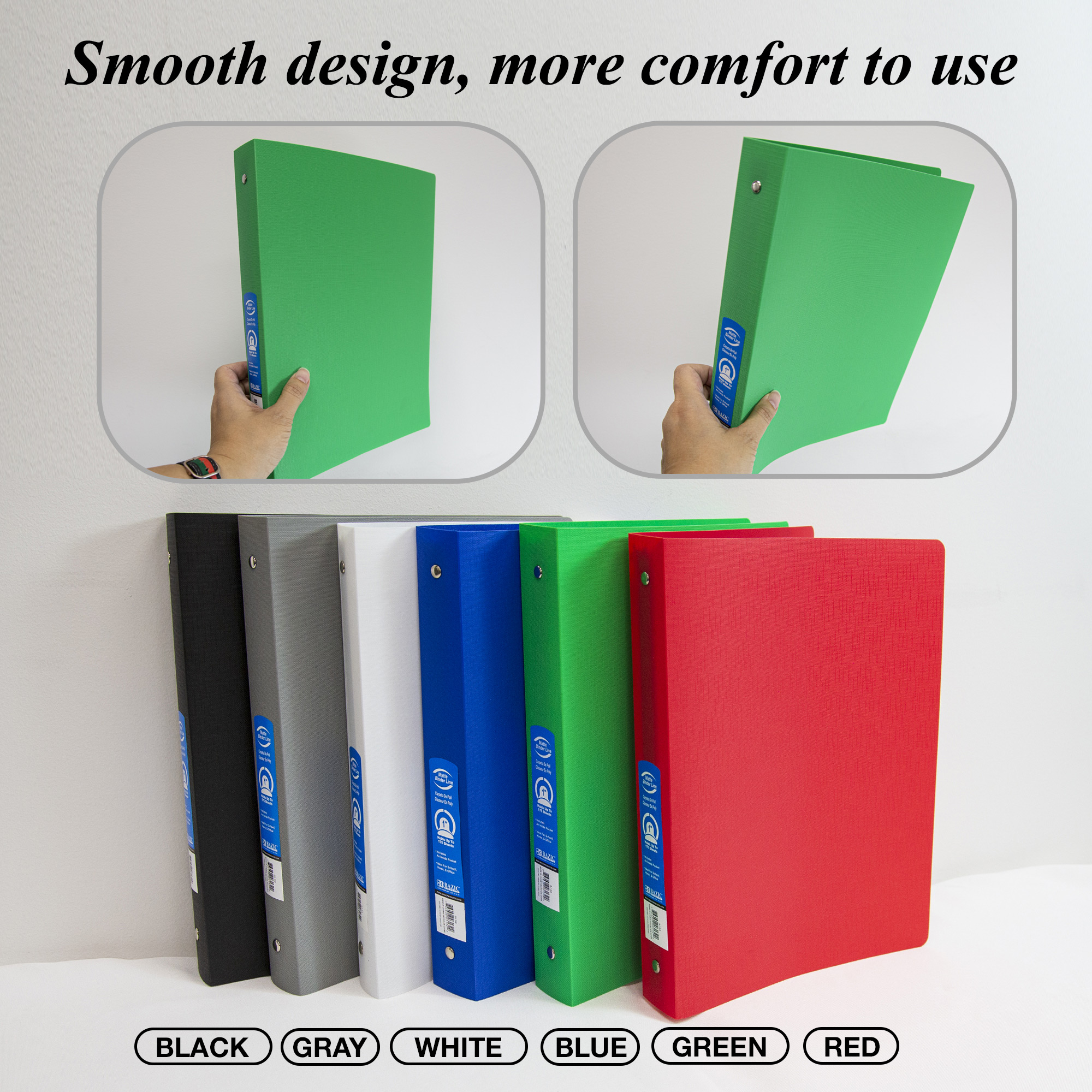 BAZIC 3 Ring Binder 1" Poly Binders Organize Round Ring 2-Count Random Colors 
