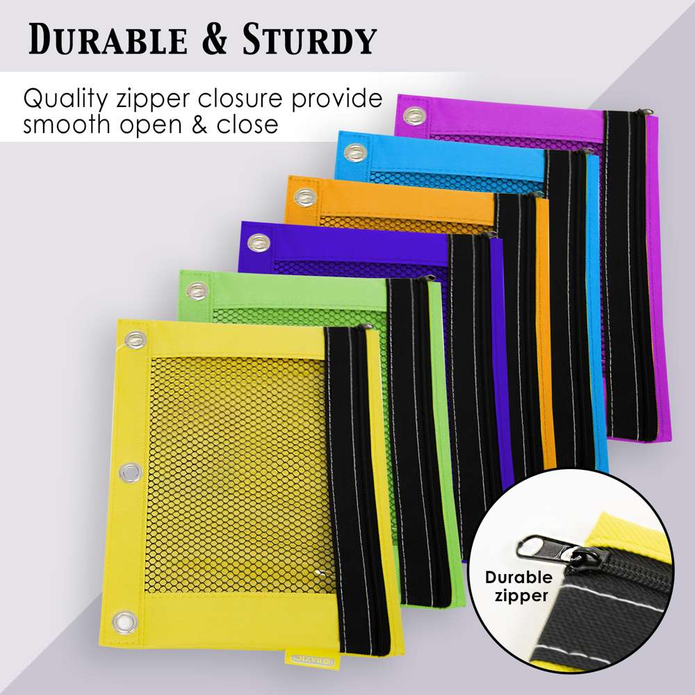 6 pc set  BRIGHT COLOR 3-Ring Pencil Pouch with Mesh Window FREE shipping to USA 