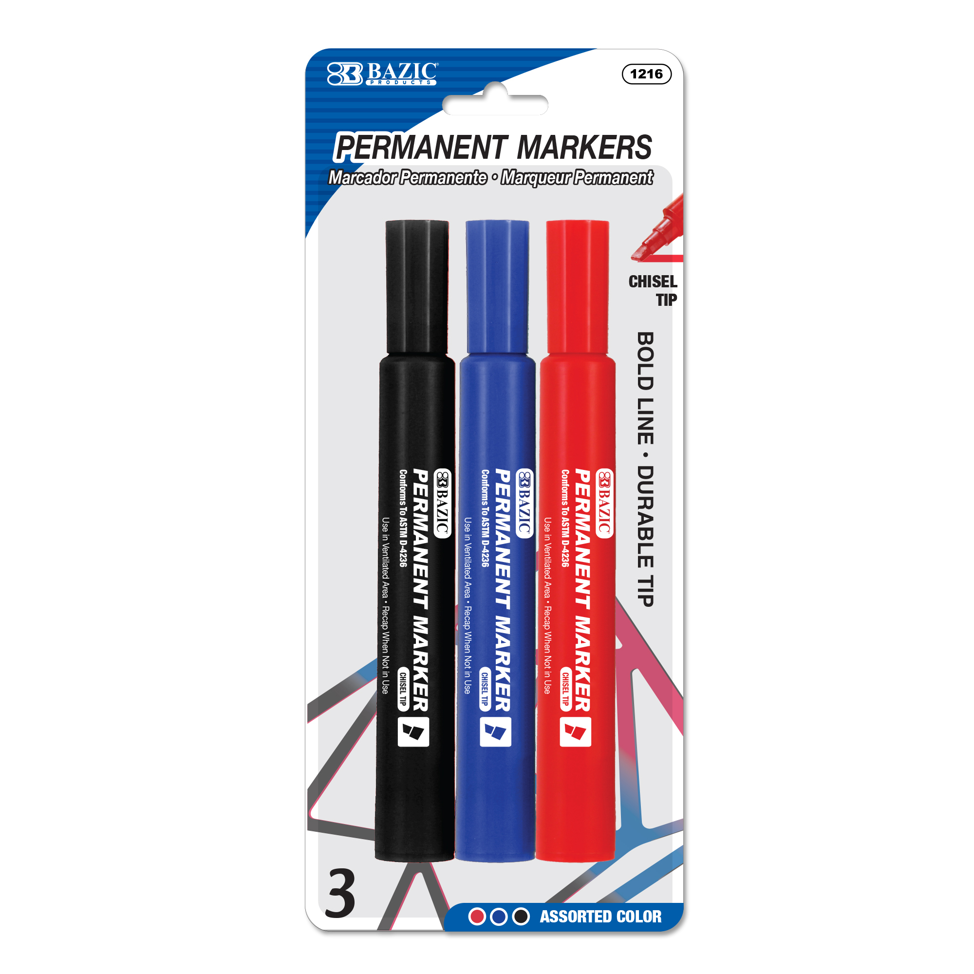Assorted Colors Chisel Tip Jumbo Permanent Markers w/ Grip (3/Pack
