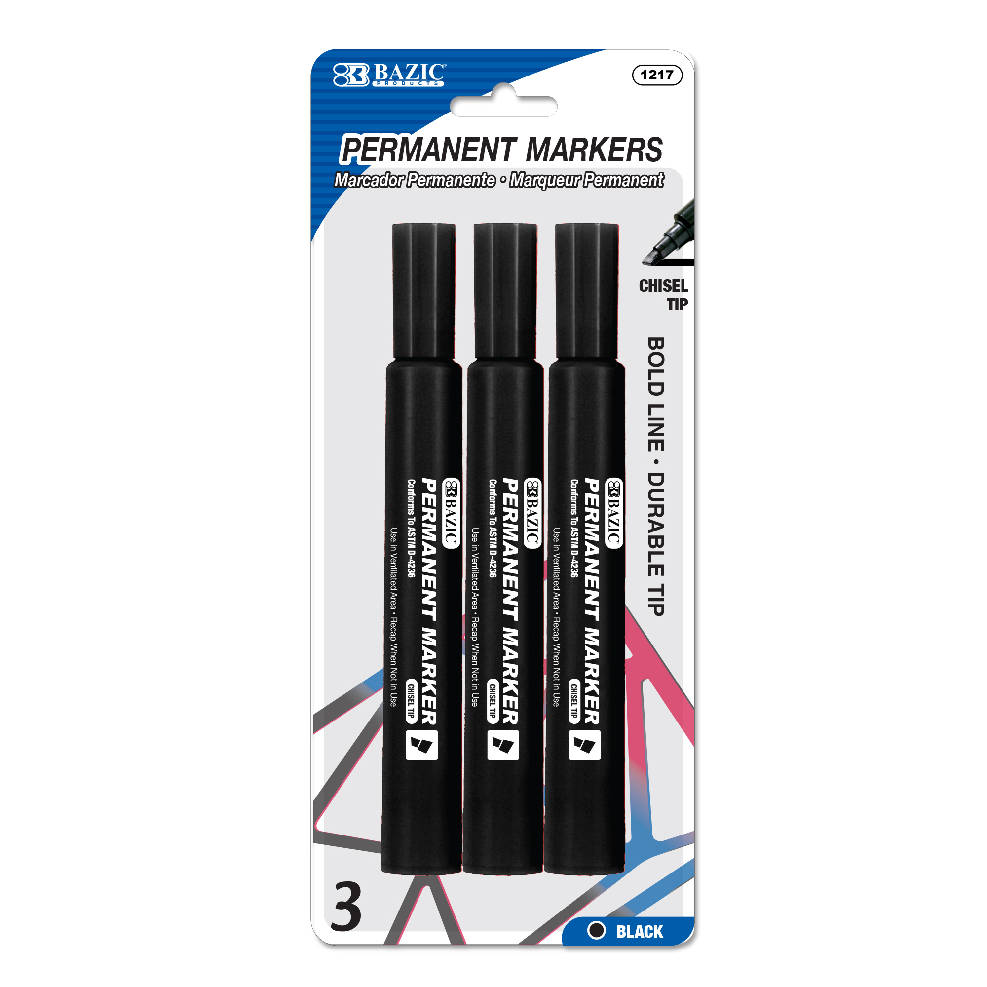 BAZIC Black Chisel Tip Jumbo Permanent Markers (3/Pack) Bazic Products