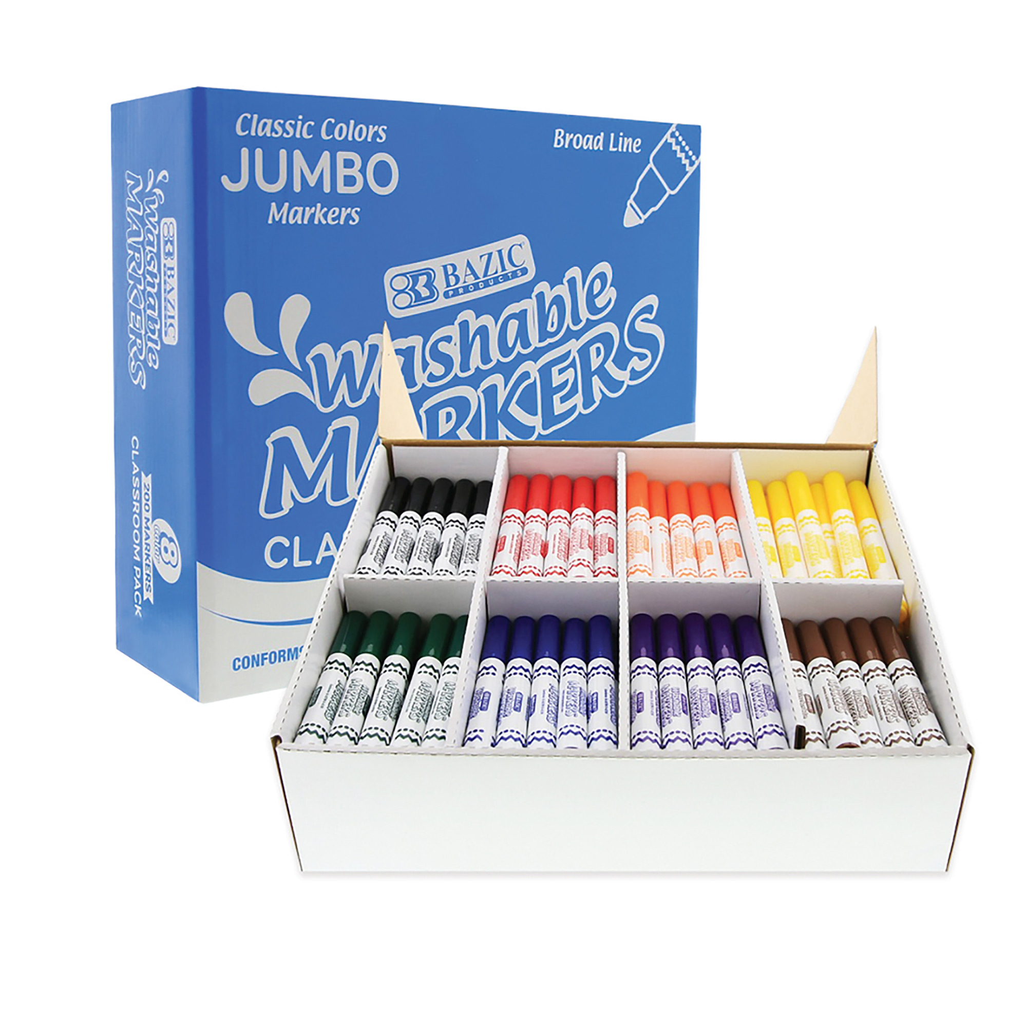 BAZIC 8 Colors Broad Line Jumbo Washable Markers Classroom Pack (200 Ct)  Bazic Products