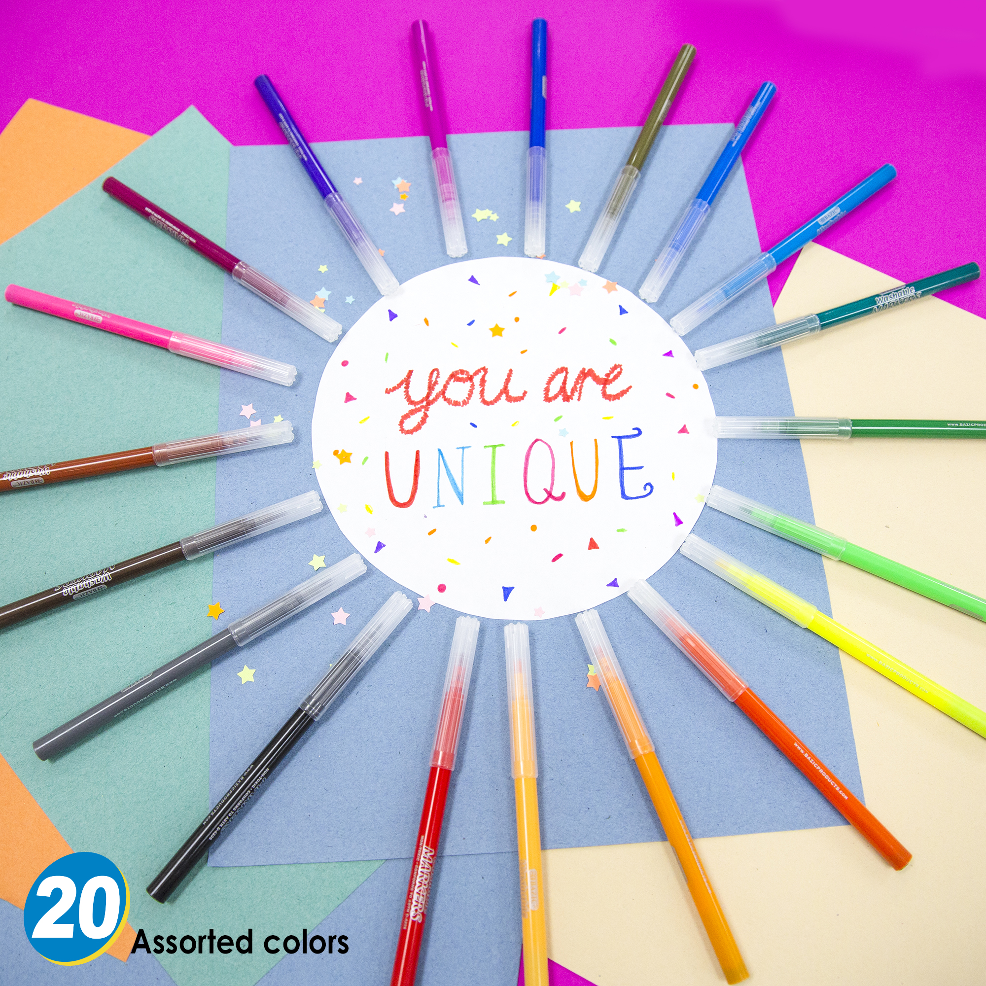  BAZIC Washable Markers Fine Line 24 Color, Thin Tip