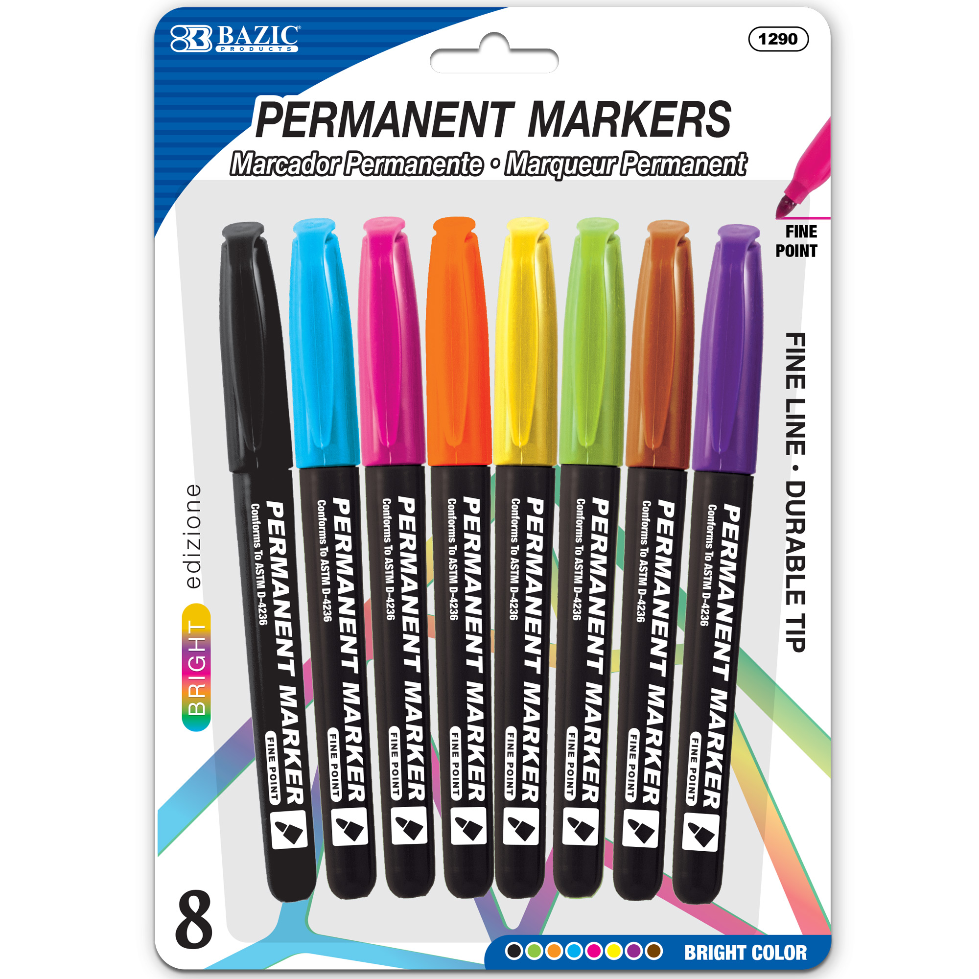BAZIC Black Fine Tip Permanent Markers w/ Pocket Clip (8/Pack