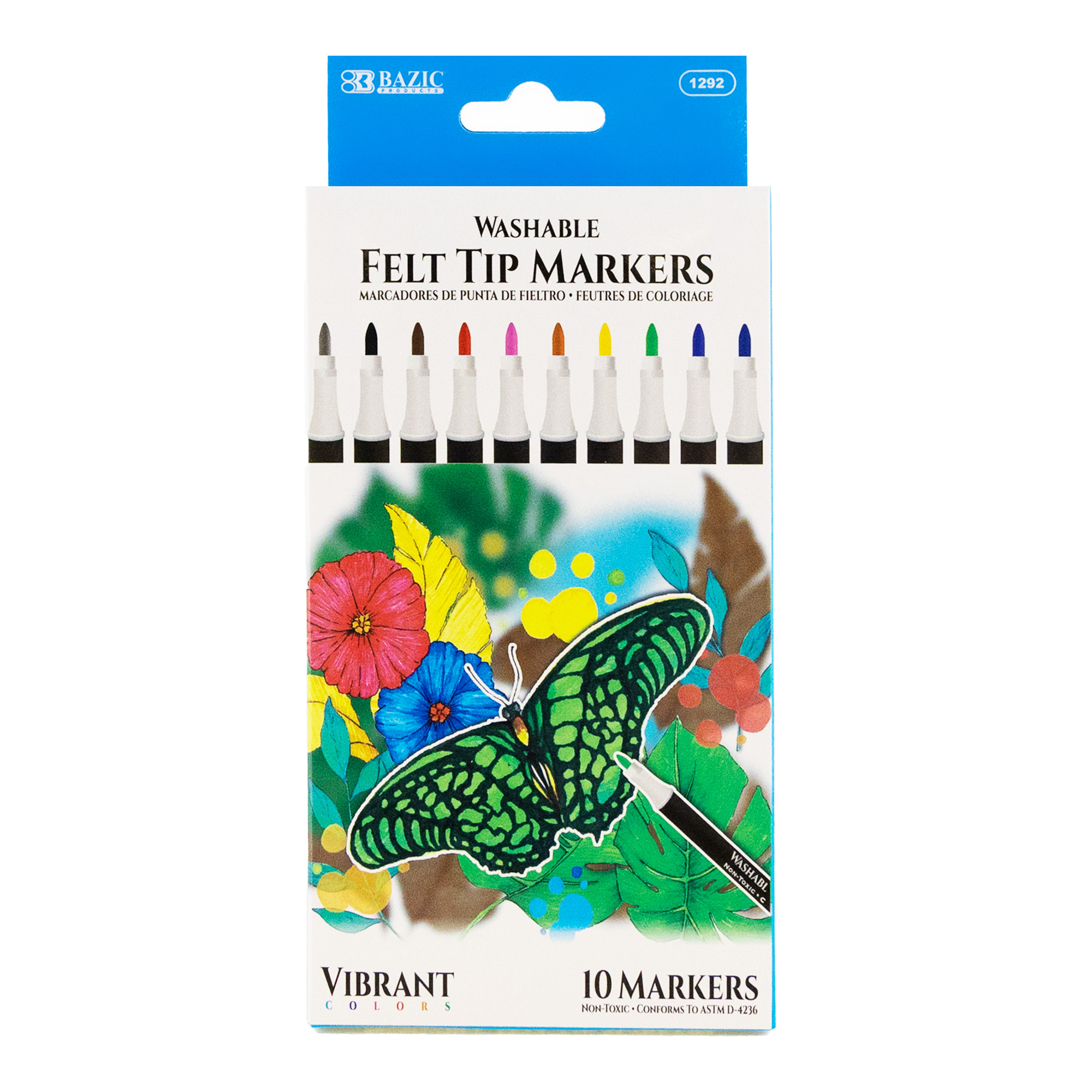 Washable Markers Felt Tip 10 Colors | Bazic Products Bazic Products
