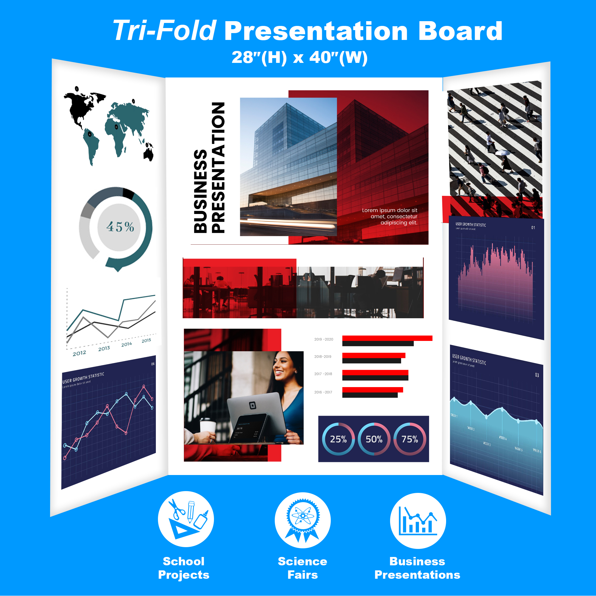White Tri-Fold Presentation Board 28 x 40 Corrugated Tabletop Display Exhibition Board Lightweight and Portable with Smooth Surface Great for