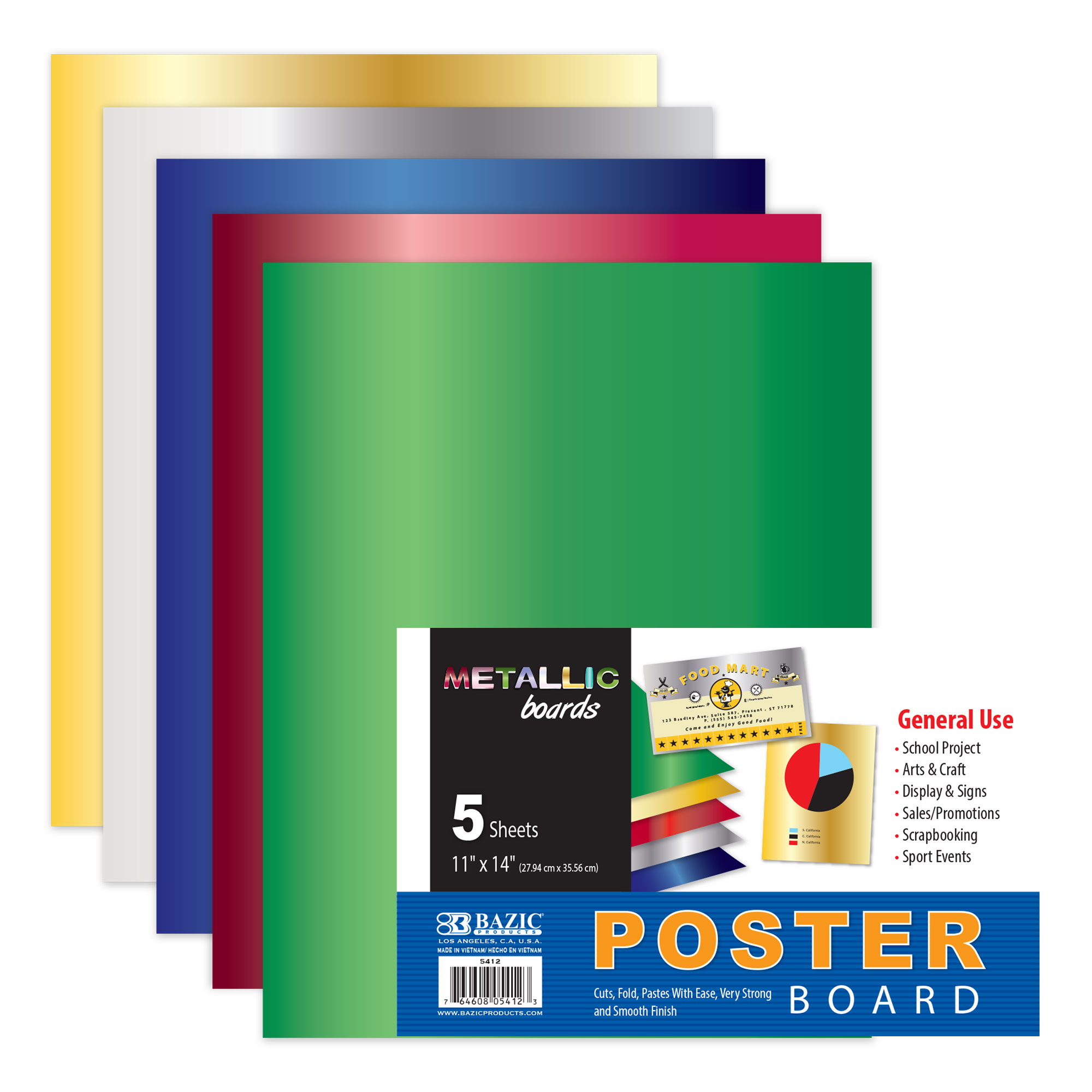 BAZIC 11 X 14 Multi Color Fluorescent Poster Board (5/Pack) - Bazicstore