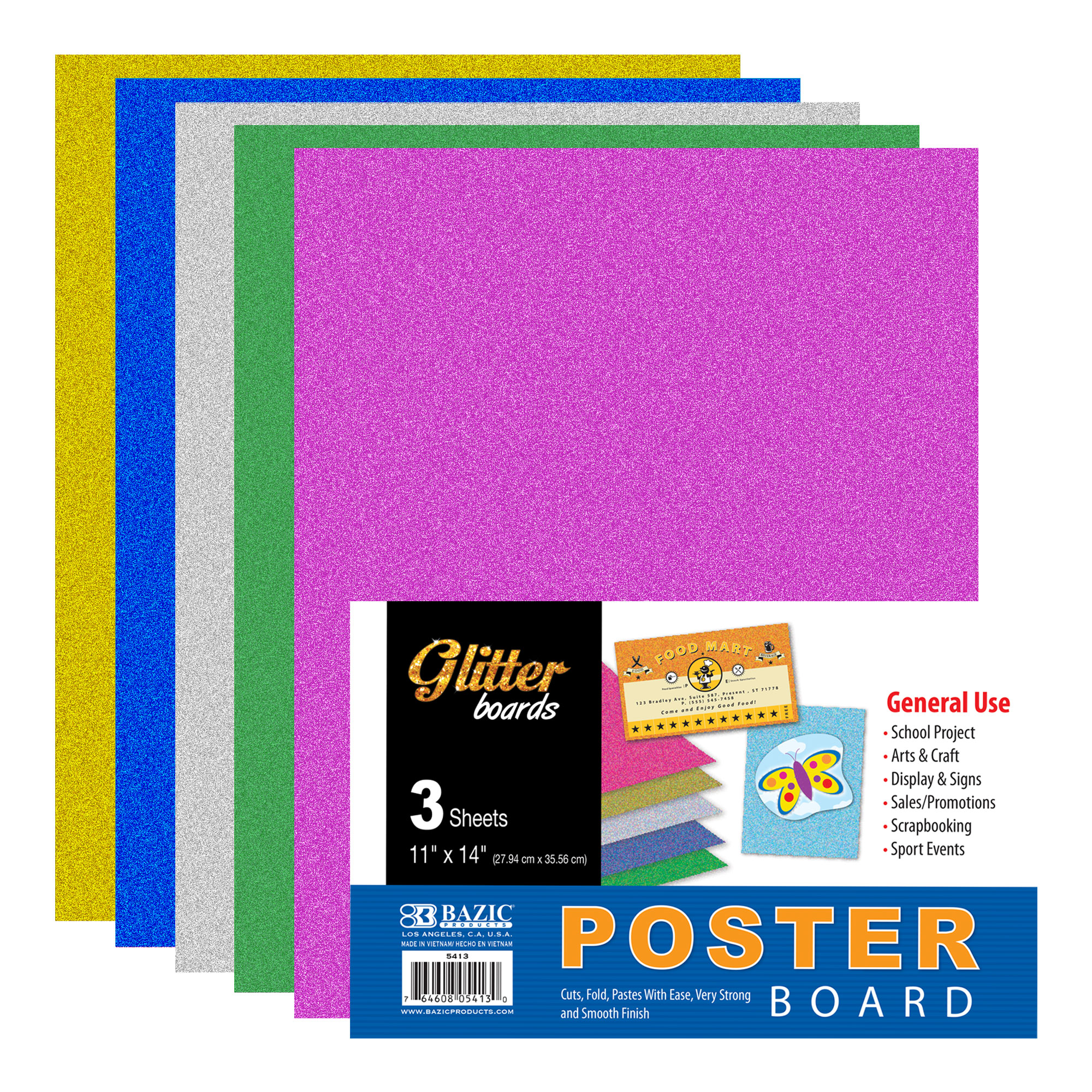 BAZIC 11 X 14 Glitter Poster Board (3/Pack) Bazic Products