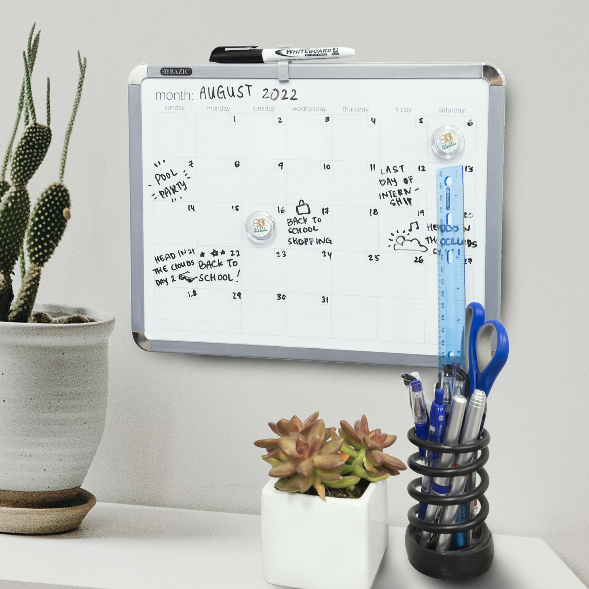 BAZIC - Pizarra magnética de borrado en seco + marcadores e imanes, pizarra  blanca de calendario de 14 x 14 pulgadas para planificador de horarios de