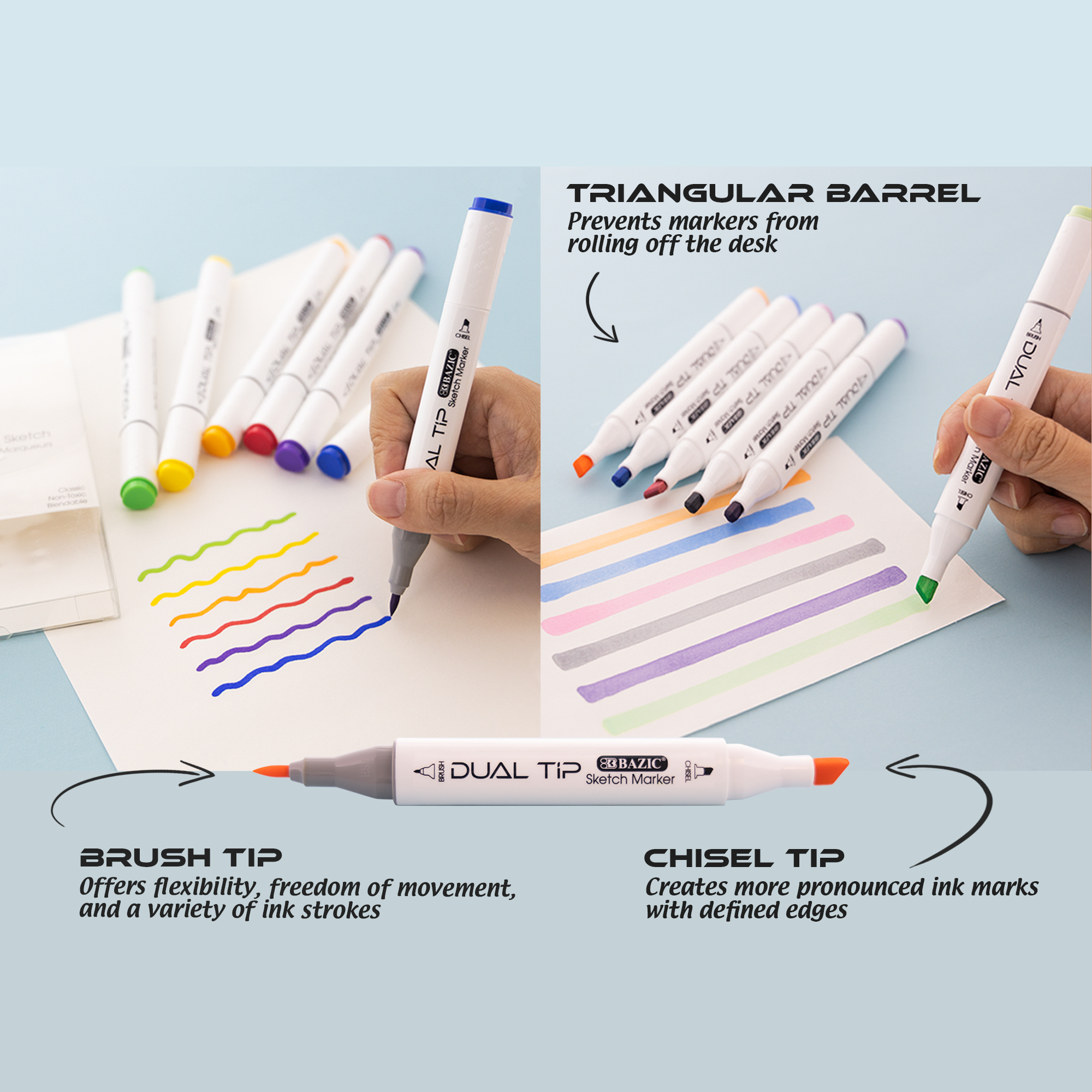 Dual Tip Sketch Markers 6 Fluorescent Colors | Bazic Products Bazic ...