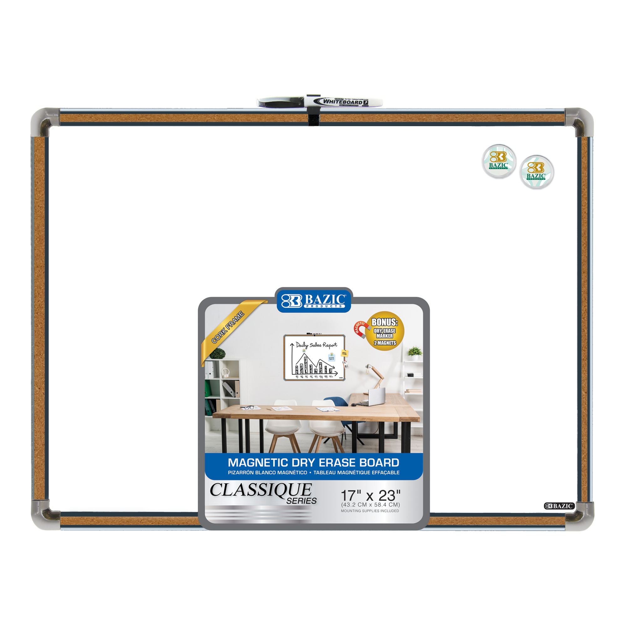 Cork Framed Magnetic Dry Erase Board 17″ X 23″ w/ Marker & 2 Magnets